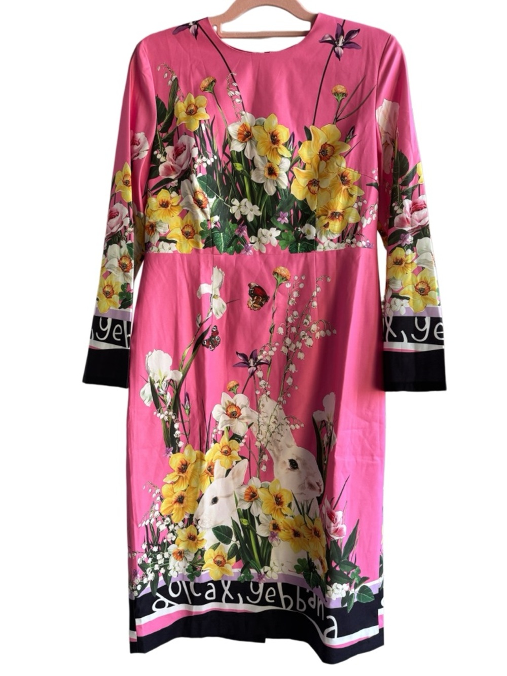Designer-Style Pink Floral Rabbit Fitted Dress